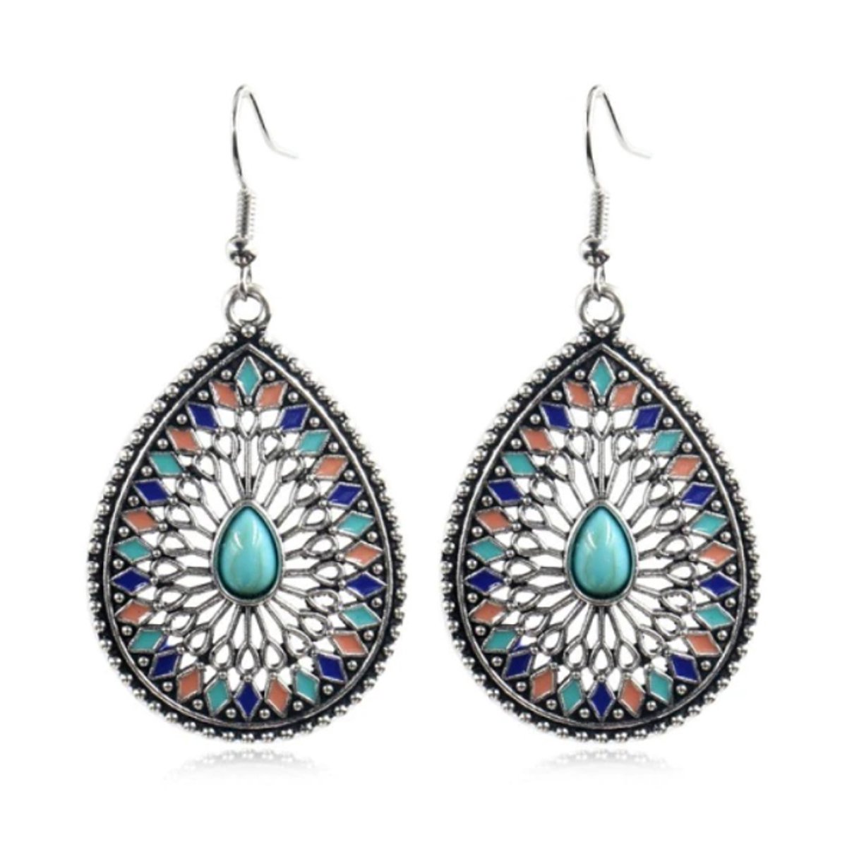 Druppelvormige Bohemian multicolor oorbellen met turquoise