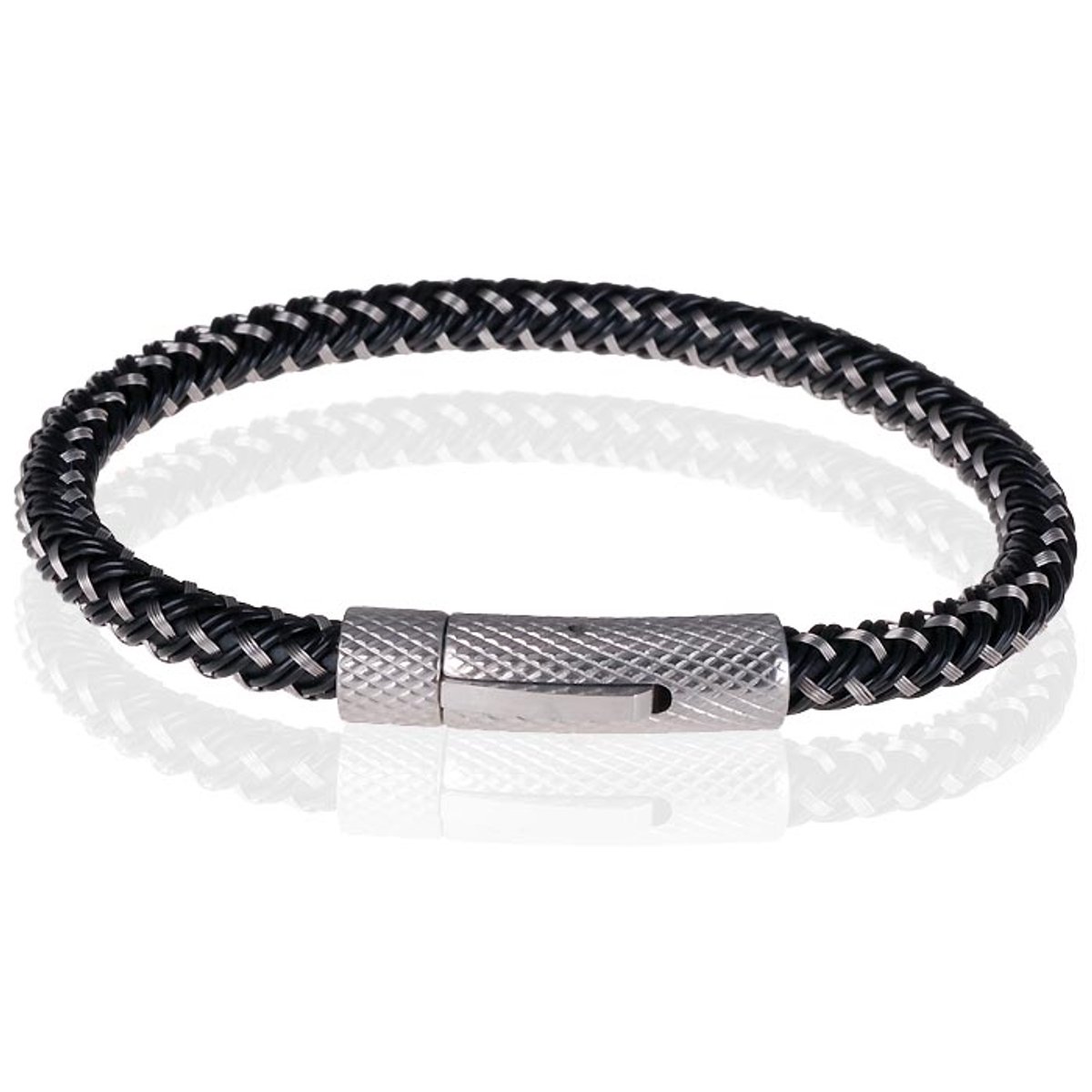 Tom Jaxon Heren armband geweven leer met Edelstaal Zilverkleurig Zwart-19cm