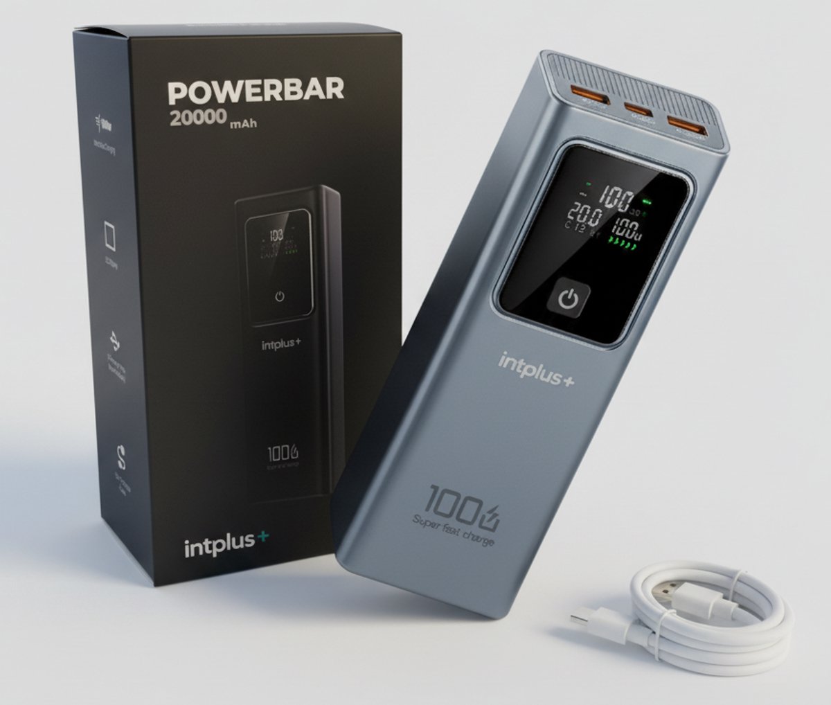 intplus+ Powerbank 100W 20000mAh Metallic met USB-C Kabel