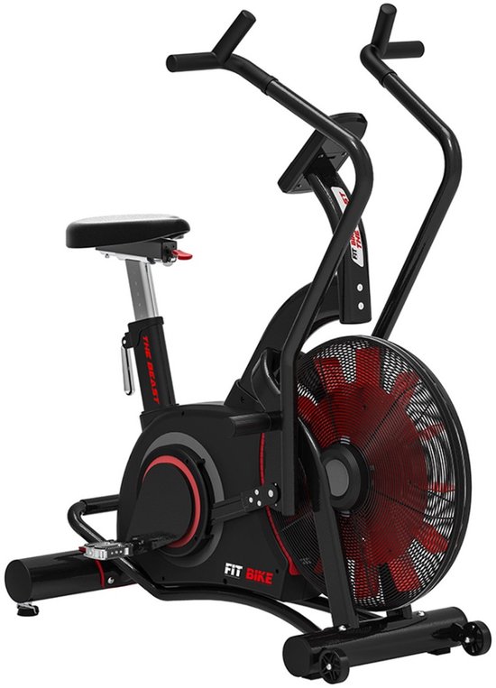 Zwart 'FIT BIKE The Beast' airbike met rode details, groot voorwiel met ventilatorbladen en een digitaal display.