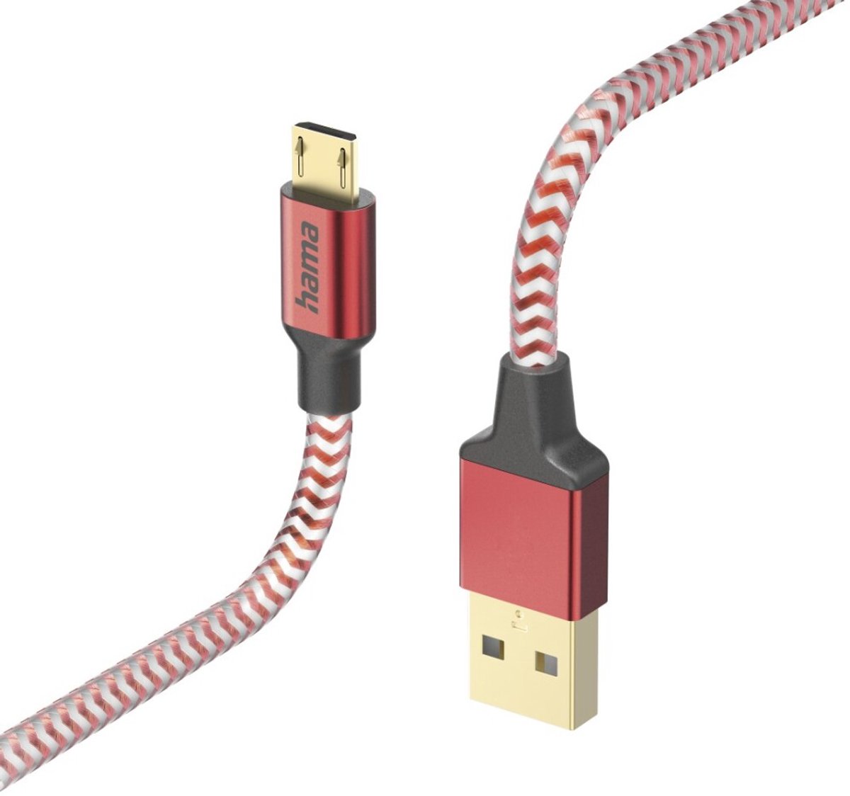 Image of Hama Reflective USB-A naar Micro-USB Kabel - Oplaadkabel geschikt voor Smartphone / Android - Gevlochten nylon - 3A USB 2.0 - 480Mbps - 150cm - Rood