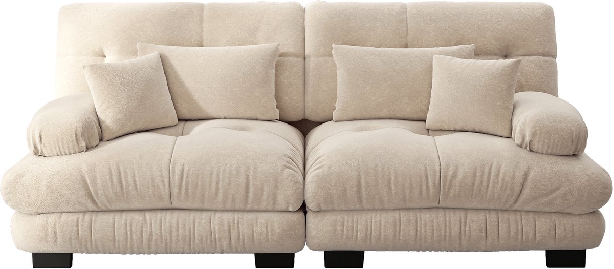 in& out door furniture Cloud Ecksofa voor woonkamer, Chenille hoekbank met 2 lendenkussens en 2 decoratieve kussens, massief houten frame, Chenille lichtbruin lichtburin