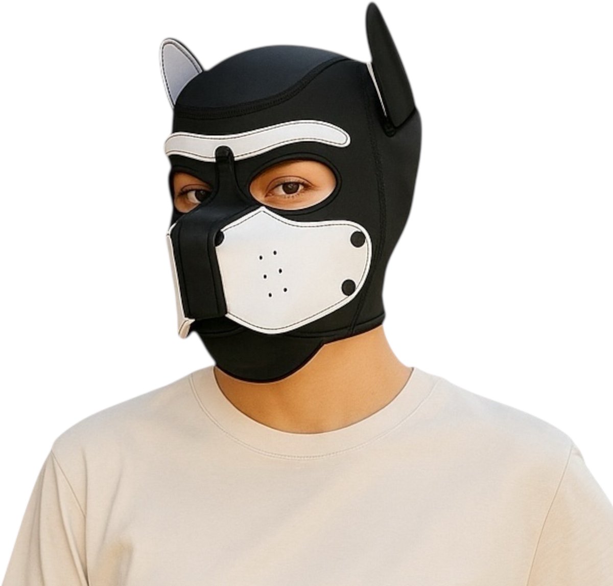 Hondenmasker Zwart Wit – Puppy Play Masker – Verstelbaar Neopreen Masker – Uniseks BDSM Accessoire – Kinky Pleasure®