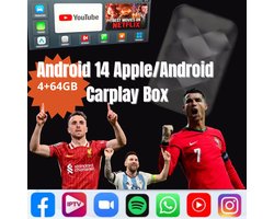 Apple CarPlay & Android 14 Auto TV Box 64GB – Draadloos – YouTube & Netflix - PlayStore - Bekijk Live TV en Sports & Voetbal WK/EK, Tennis, Formule 1, UFC - WIFI & Bluetooth