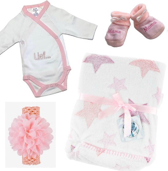 Kraampakket / Baby cadeauset - 4 delig - Dekentje + Romper + Slofjes + Slab - Roze - MAMA - Maat 56