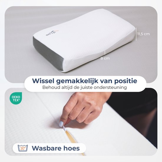 Wit ergonomisch neksteunkussen met grijze zijkanten, 11,5 cm hoog en 8 cm diep. Wasbare hoes.