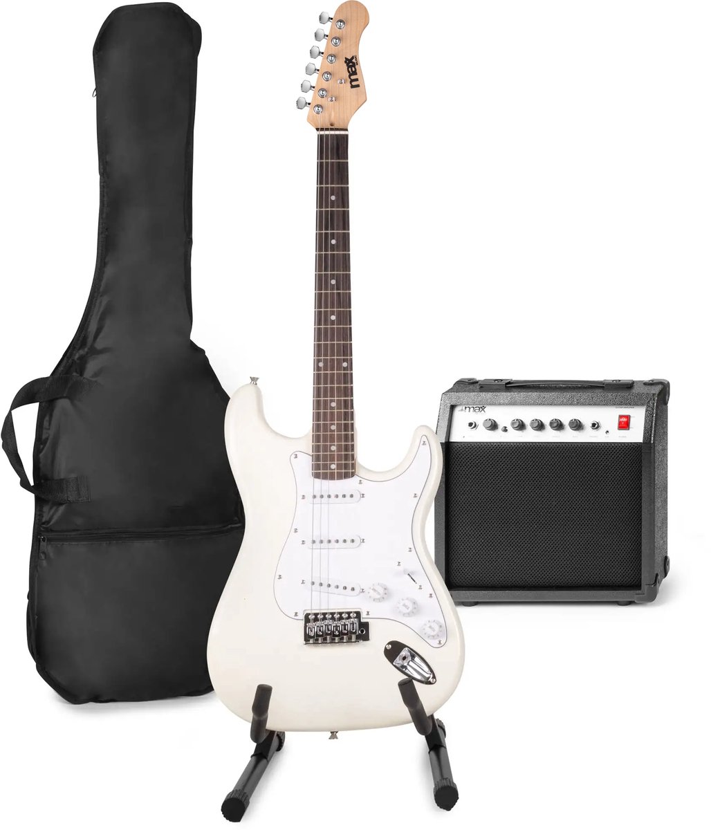 Elektrische gitaar met gitaar versterker - MAX Gigkit - Perfect voor beginners - incl. gitaar standaard gitaar stemapparaat gitaartas en plectrum - Wit