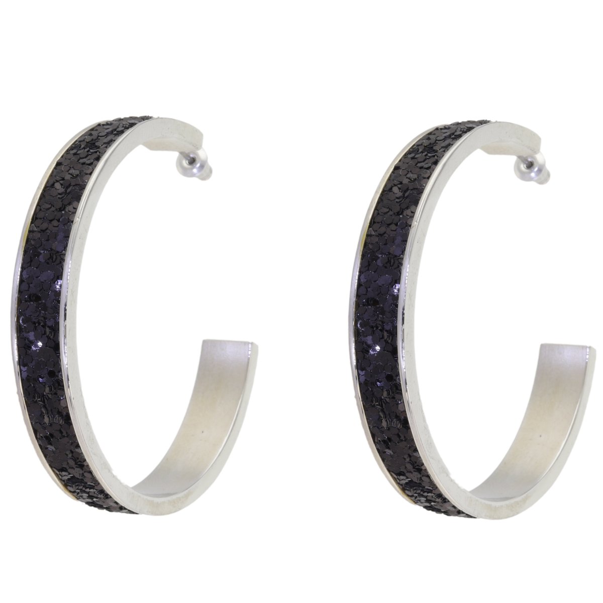 Behave - Oorringen glitter zwart - Zilverkleur - 5 cm