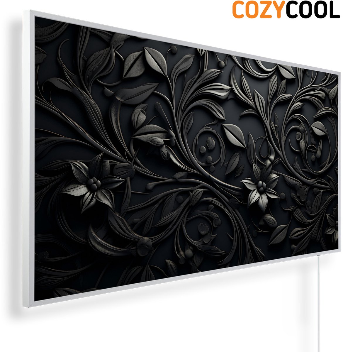 Infraroodpaneel met afbeelding | Zwarte bloemenachtergrond met bloemen en bladeren | 1200 Watt | Witte lijst | Infrarood verwarmingspaneel | Infrarood paneel | Infrarood verwarming