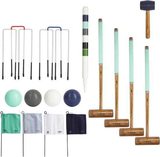 Foto: Ubergames tuin croquet set engels tuinspel 4 persoons hardhouten mallets kunststof ballen met tas