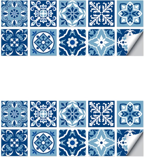 Twee sets van 10 blauwe en witte Portugese tegelstickers, 10x10cm.