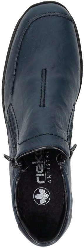 Bovenaanzicht van een donkerblauwe Rieker schoen met rits en de Rieker Antistress inlegzool.