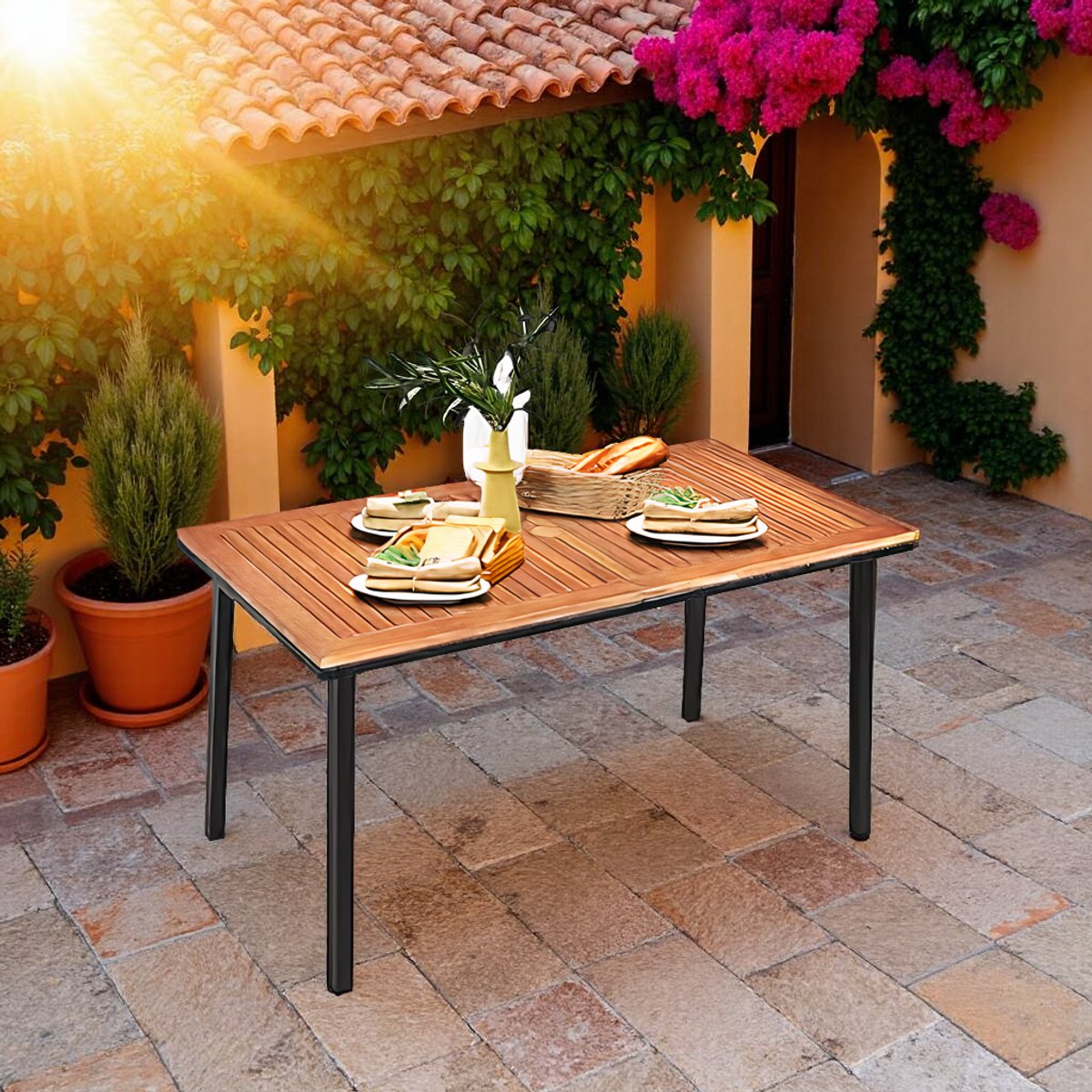 Industriële Houten Tuintafel 140x75 cm – Massief Acaciahout met Parasolgat – Rechthoekige 