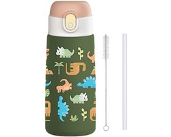 Pure Luv RVS Drinkfles met rietje - DinoSip - Drinkbeker - Groen - 500ml - Roestvrijstaal - Voor Kinderen - Inclusief Schoonmaakborstel - Kind- Peuter - BPA vrij - Peuterfles - Schoolfles - Schoolreisje - Vakantiefles