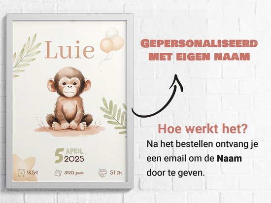 Affiche Bébé / naissance - Singe - Personnalisée avec naam et détails de naissance - 43 x 61 cm - Affiches Bébé