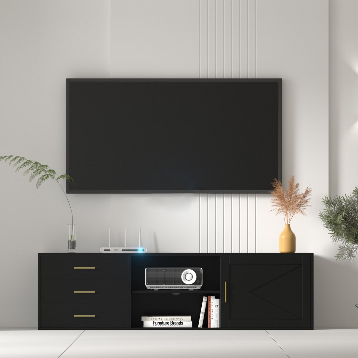 HOMAVO TV-meubel TVG1-S – 160 cm – Modern Laag TV Meubel met Laden & Schuifdeur – Zwart / Wit / Houtlook