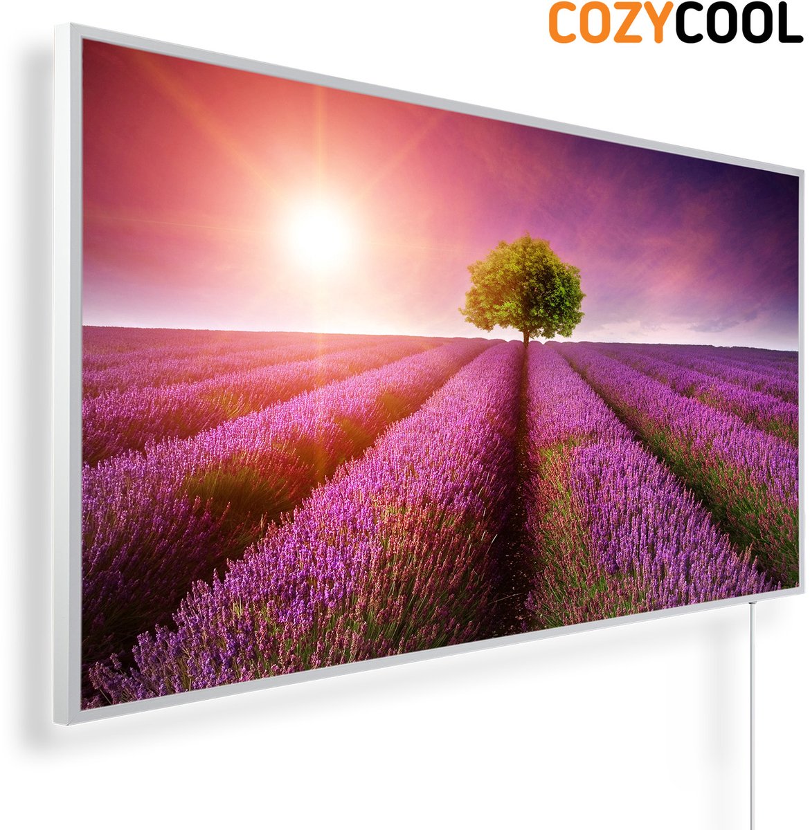 Infraroodpaneel met afbeelding | Lavendelveld met boom zonsondergang | 1200 Watt | Witte lijst | Infrarood verwarmingspaneel | Infrarood paneel | Infrarood verwarming