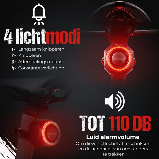 Zwart fietsalarm met rode lichtring, bevestigd aan een fietszadel en een close-up van het achterlicht.
