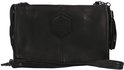 Zwarte leren clutch met polsbandje, franjes en een zeshoekig label.