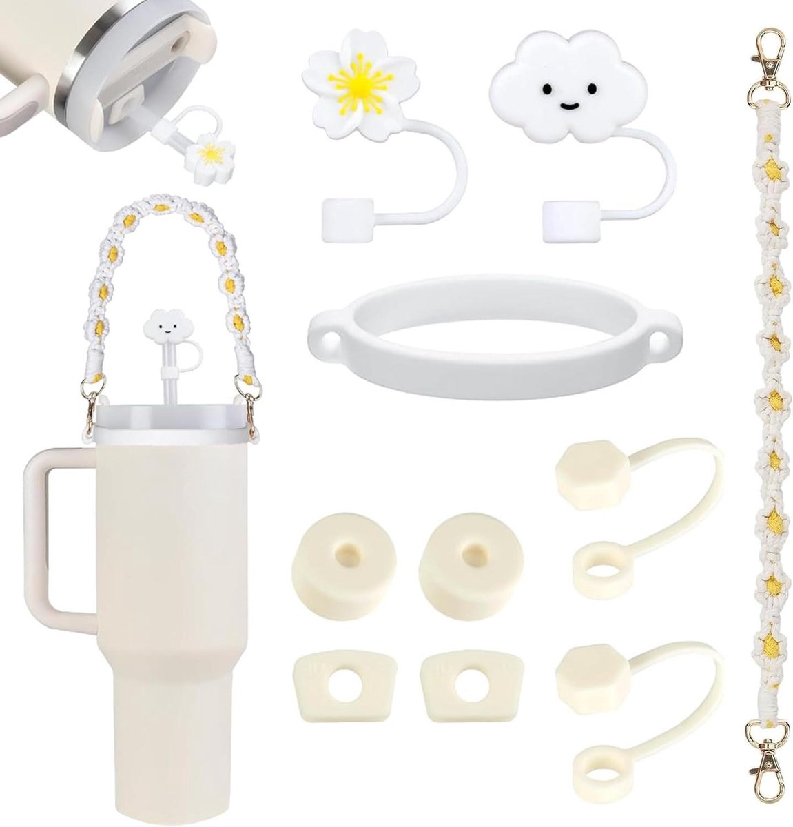 Image of 10-delige Cup Accessoires Set, Siliconen Stro Cover voor 9-10 mm rietje, morsbestendige stop, Boheemse geweven handvat riem