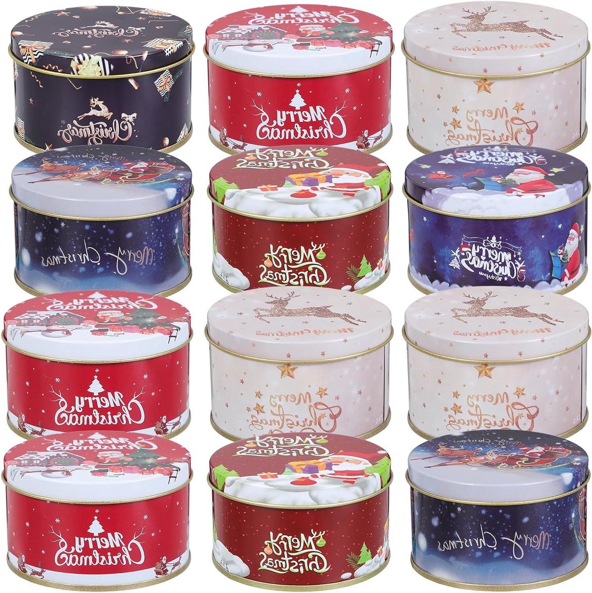 JHubers Goods - Mini kerstkoekjesdozen met deksel om cadeau te geven - Set van 5 - Ronde metalen blikjes voor koekjes en snoep - Ideaal voor kerstvakantie - Afmetingen 5.95 x 1.77 inch.