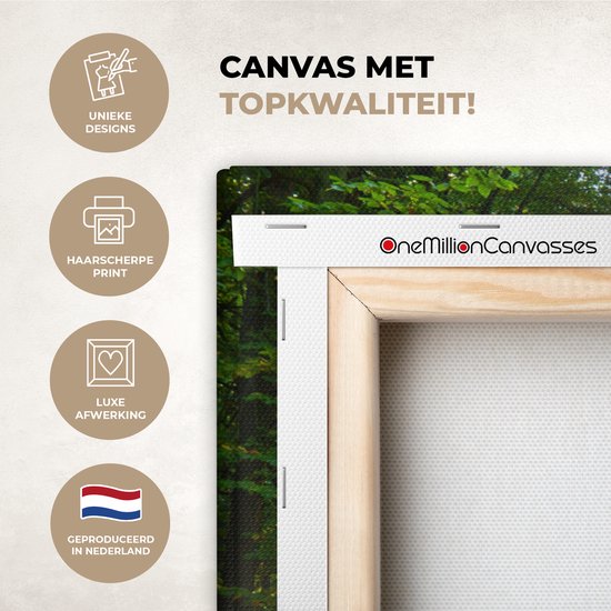 Close-up van de zijkant van een canvasafdruk met een boslandschap. Toont de houten spieraam en de haarscherpe print.
