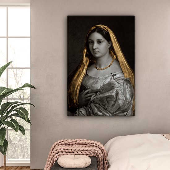 Canvas doek - De gesluierde vrouw - Goud - Kunst - 90x140 cm - Oude meesters - Raffaeolo Sanzio - Tinten - Woonkamer