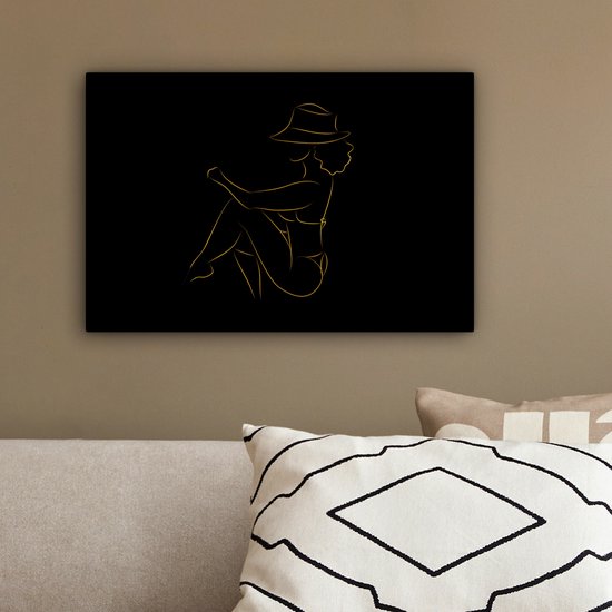 Toile Peinture Femme - Chapeau - Or - Dessin au Line - 30x20 cm - Décoration murale