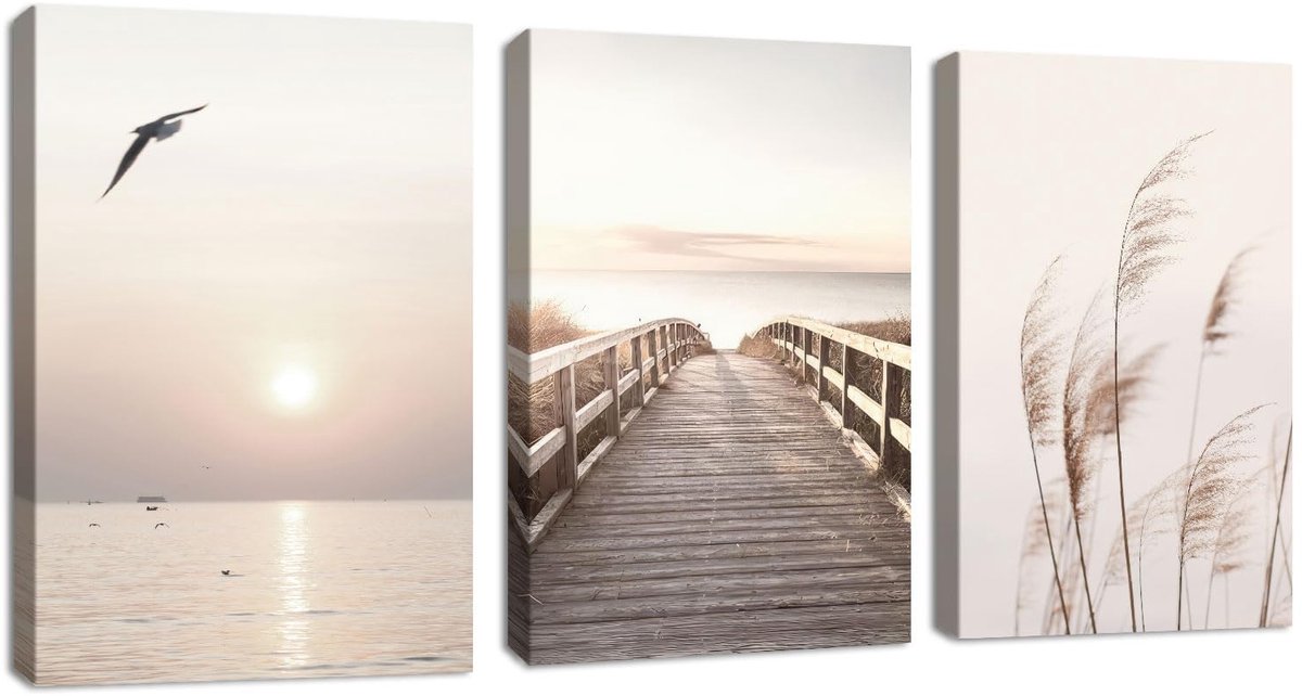 Ibenzoa Moderne driedelige canvas wanddecoratie met strand en zonsondergang beige