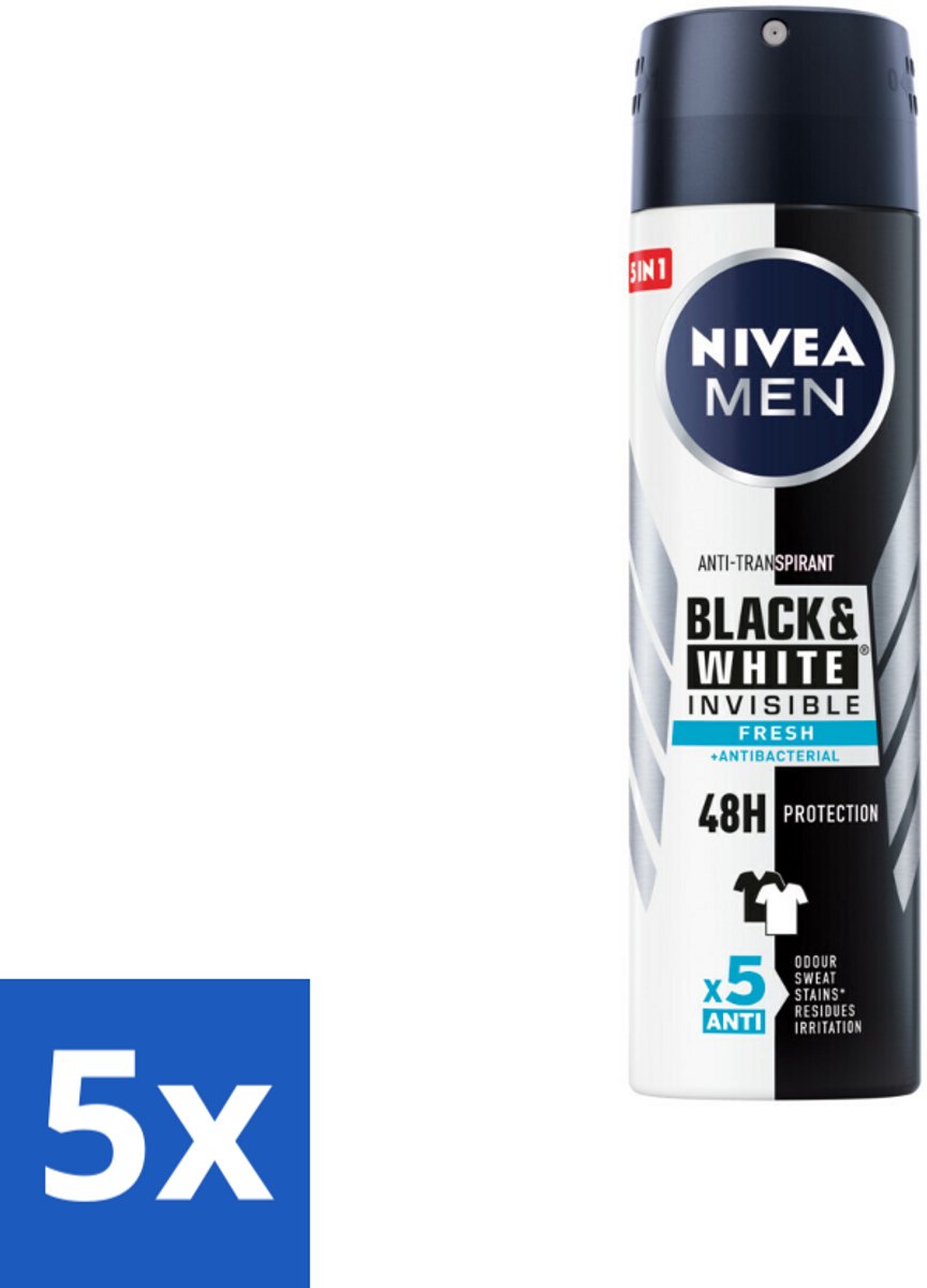 5 x NIVEA Men Deodorant Spray Invisible for Black & White Fresh 150 ml - Anti-transpirant - Deodorant Spray - Zweetvoorkomend - Vlekkenvoorkomend - Huidvriendelijk