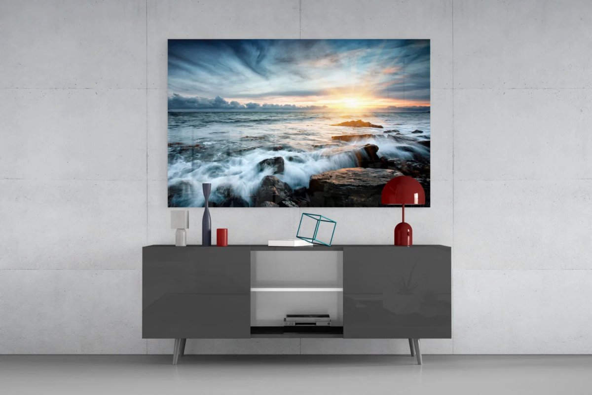 Insigne Art Glasschilderij - Zonsondergang - Landschappen Schilderij - Wall Art - Uv-Print - 110x70x0.4 cm Blauw