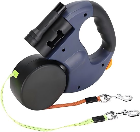 Laisse double pour chien – Laisse enrouleur de 3 mètres pour 2 Chiens – Réfléchissante et réglable – Avec lampe torche et Distributeur de sacs à déjections canines