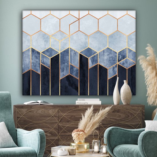 Toile Peinture Hexagone - Gold - Luxe - Motifs - 160x120 cm - Décoration murale XXL