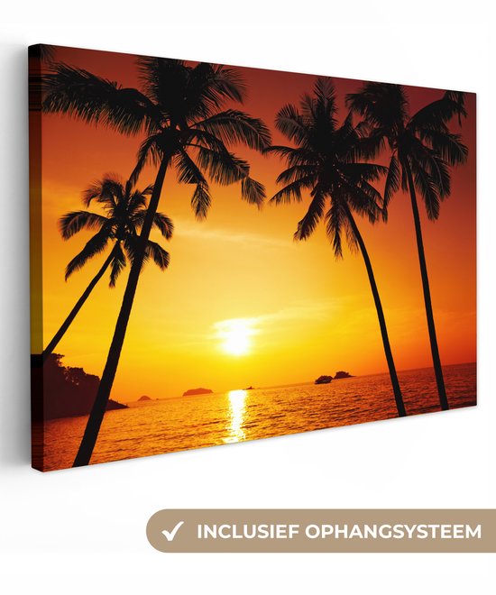 Canvas schilderij - Strand - Zee - Zonsondergang - Palmboom - Tropisch - Foto op canvas - Canvas doek - Woonkamer decoratie - 90x60 cm - Wanddecoratie - Schilderijen op canvas