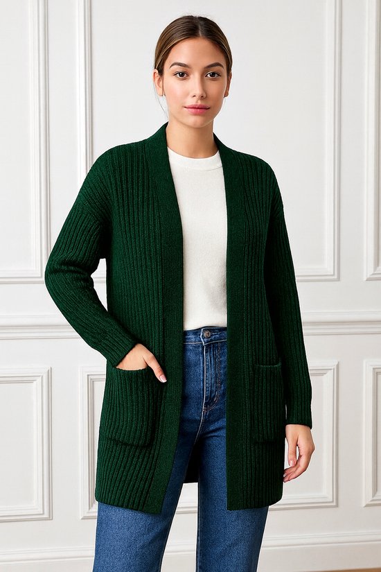 ASTRADAVI Dames Mode - Mooi ribgebreid vest met 2 zakken - One Size - Donkergroen