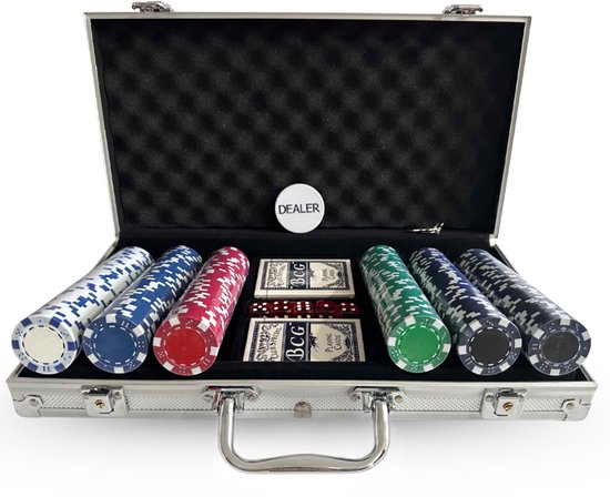 PlayOn Pokerset - 300 Chips - Met Zilveren Koffer - Met Kaartspel - Met Dobbelstenen - Blinds