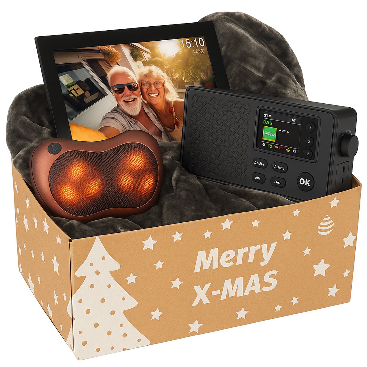 Cadeaupakket - Denver 10 inch Frameo WIFI Digitale Fotolijst + Dab Bluetooth Wekkerradio + Massage Kussen Apparaat + 1 Persoons Luxe Deken - Kerst Pakket Senioren - Cadeau Pakket Opa - Oma - Cadeau voor Mannen & Vrouwen - Relatiegeschenk