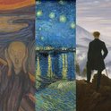 Een drieluik van bekende schilderijen: De Schreeuw, Sterrennacht en De Wanderer boven de nevelen.