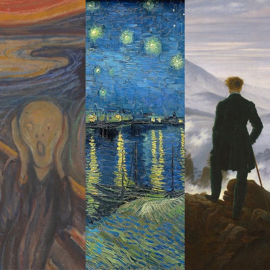 Een drieluik van bekende schilderijen: De Schreeuw, Sterrennacht en De Wanderer boven de nevelen.
