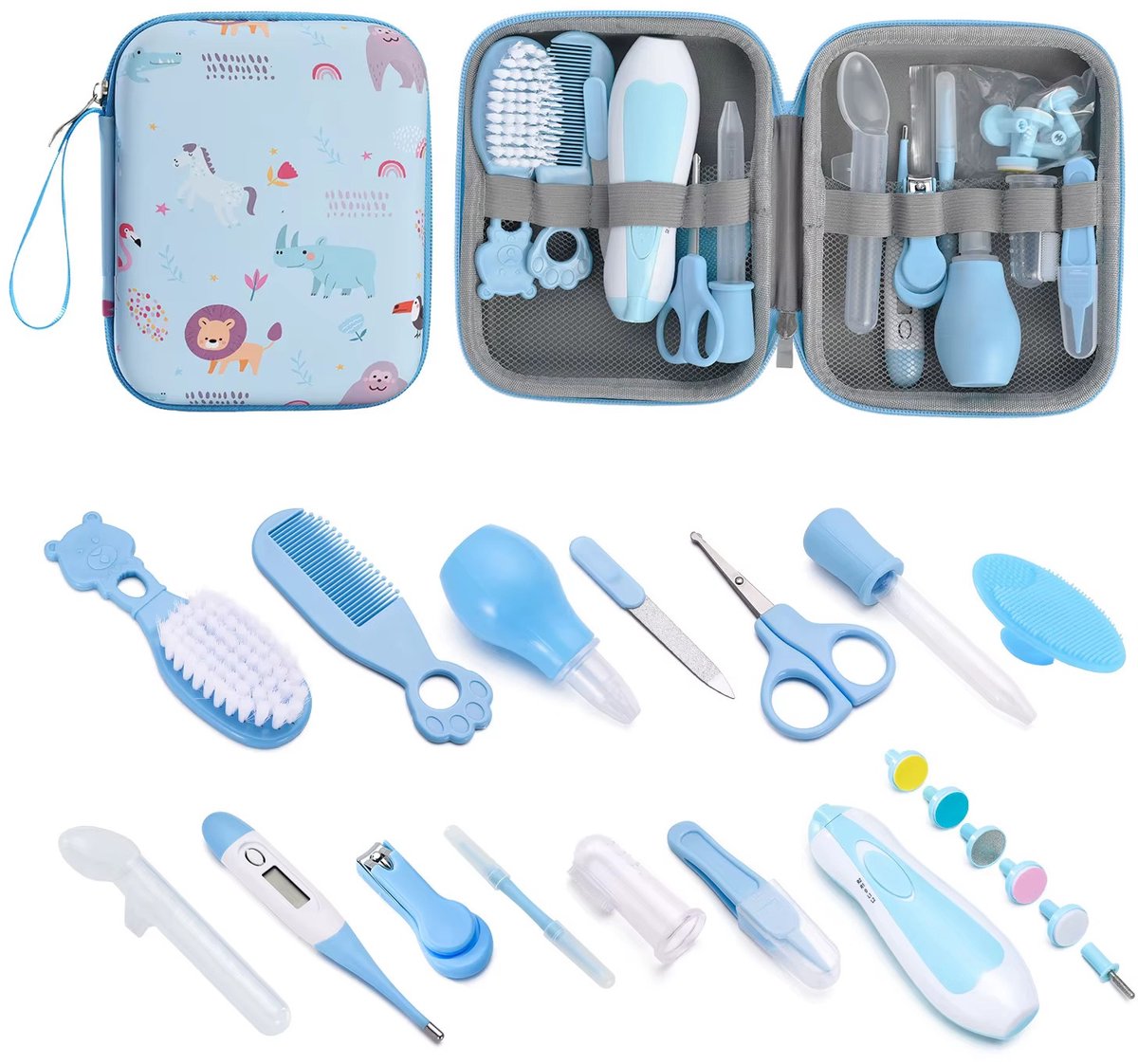 20-delige Babyverzorgingsset – Safari Dieren – Blauw - Manicureset - Elektrische baby nageltrimmer - Nagelverzorging, Neusaspirator, Medicijnspuit, Thermometer & Siliconen Borstels