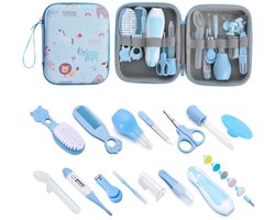 20-delige Babyverzorgingsset – Safari Dieren – Blauw – Manicureset – Elektrische baby nageltrimmer – Nagelverzorging, Neusaspirator, Medicijnspuit, Thermometer & Siliconen Borstels