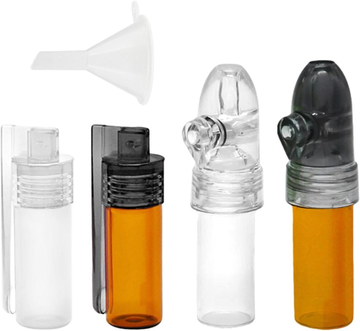 Kruidenflessen met mini-trechter en kruidenpotje, keukengerei voor kruidenpoeder en kruidendispenserfles; kleine glazen fles in bruin en wit - draagbaar en handig - 4 stuks.