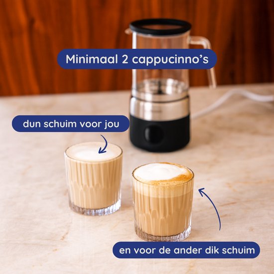 Glazen melkopschuimer achter twee glazen met cappuccino. Tekst "Minimaal 2 cappuccio's", "dun schuim voor jou", "en voor de ander dik schuim".
