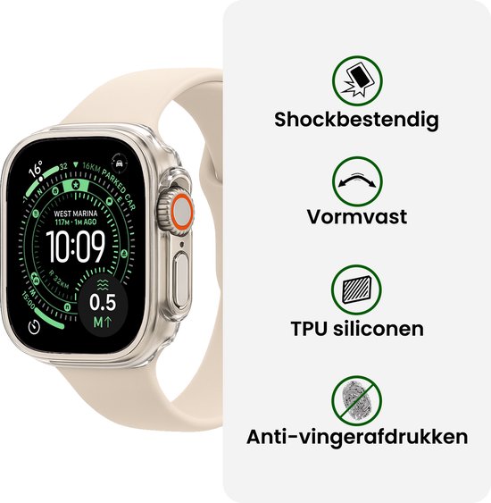 Transparante beschermhoes voor Apple Watch Ultra 3, met icoontjes voor 'Schokbestendig', 'Vormvast', 'TPU siliconen', 'Anti-vingerafdrukken'.