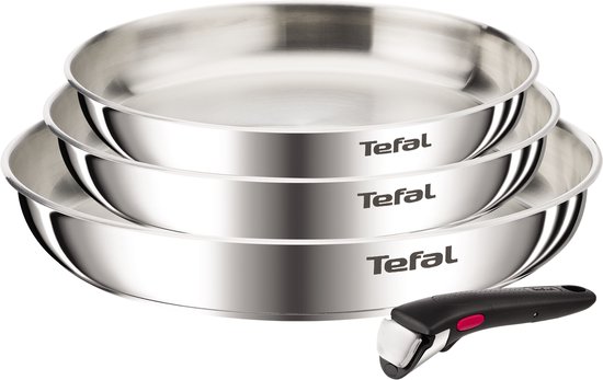 Set de casseroles Tefal Ingenio Emotion avec 3 poêles non revêtues et une poignée amovible.