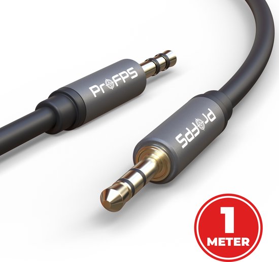 Jack plaqué or 3.5mm avec logo "ProFPS" sur boîtier gris, relié par un câble noir de 1 mètre.