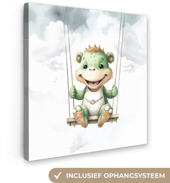 Canvas schilderij 20x20 cm - Wanddecoratie kinderkamer Draak - Baby dier - Kinderen - Muurdecoratie babykamer - Kamer decoratie voor jongens en meisjes - Baby accessoires - Schilderijen