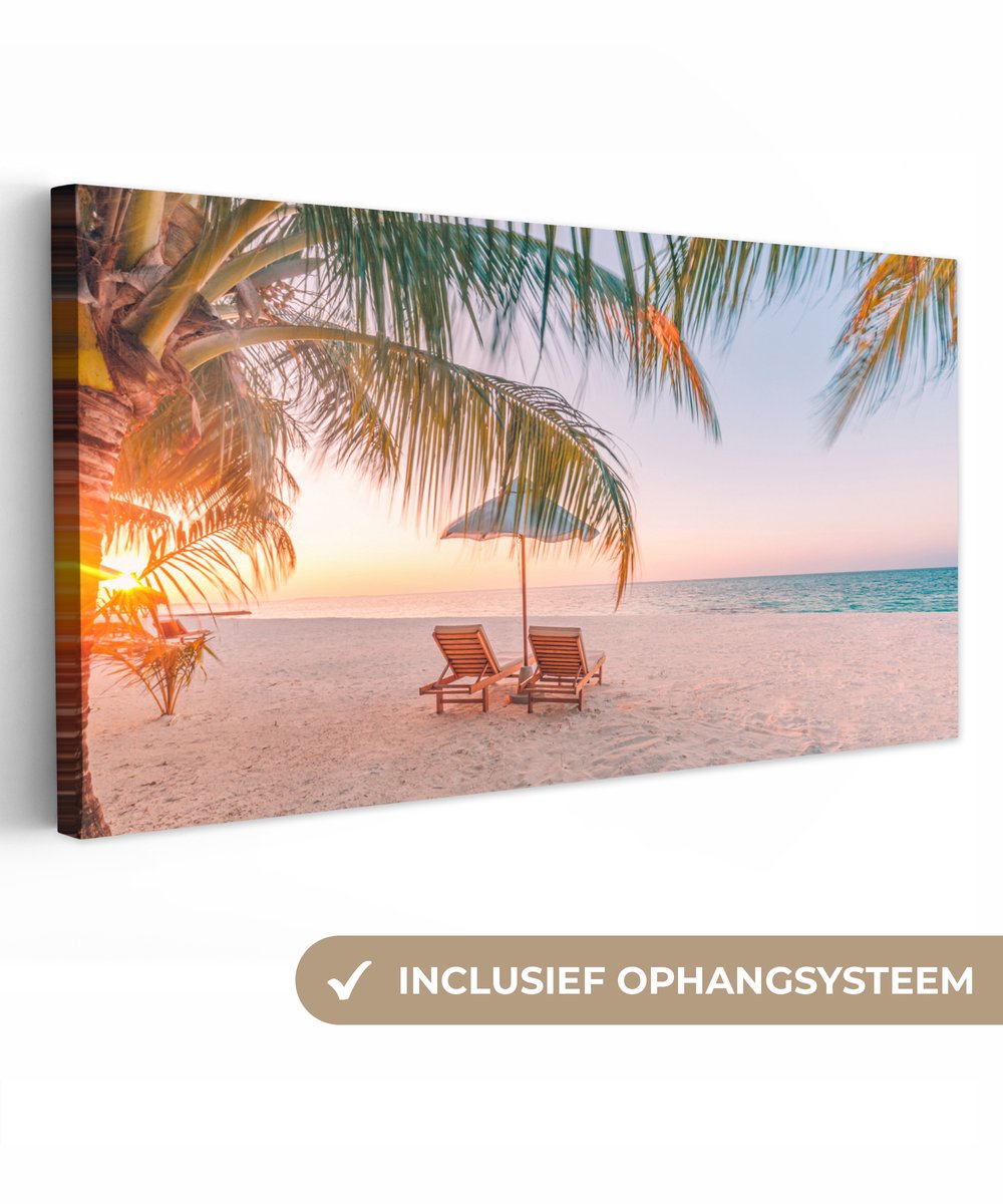 Canvas schilderij 300x140 cm - Wanddecoratie Strand - Palmbomen - Parasol - Muurdecoratie