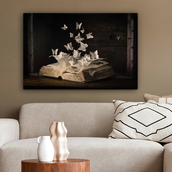 Peinture sur toile - Vintage - Boek - Papier - Papillon - Photo sur toile - Décoration murale - 60x40 cm - Canvasdoek - Tableaux abstraits