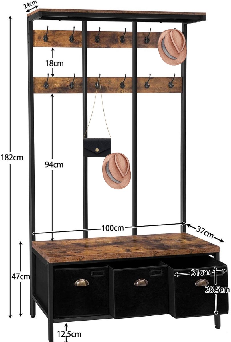 Signature Home XXL Garderoberek - Kapstok - Kapstok met schoenenrek - kledingrek met 24 haken - zitting met 3 opbergdozen - Bruin/Zwart - 100x 37x182 cm – foto 2